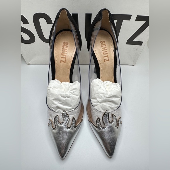 NWT SCHUTZ Den Transparent Silver Flames Pointed Toe Pumps High Heels Sz 5B - Picture 2 of 10